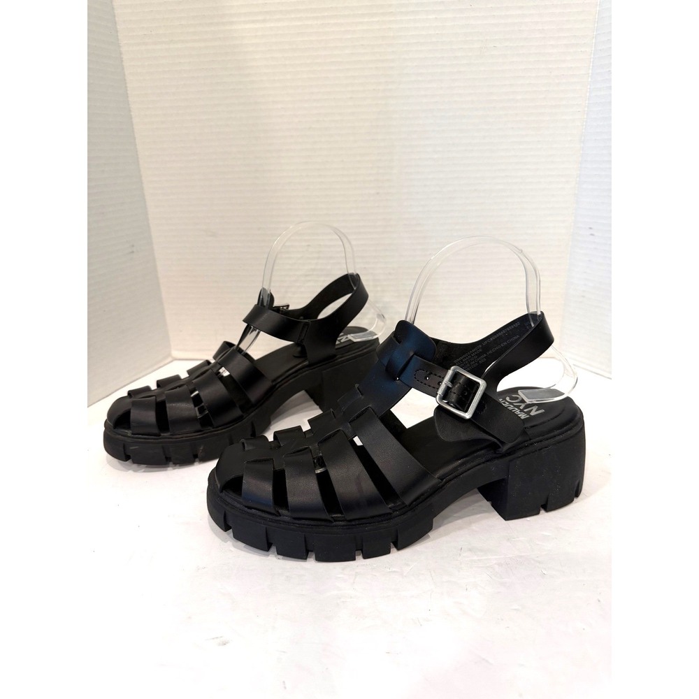 Steve Madden NYC Black Vegan Lug Sole Strappy Cage Fisherman Buckle Sandals 8.5